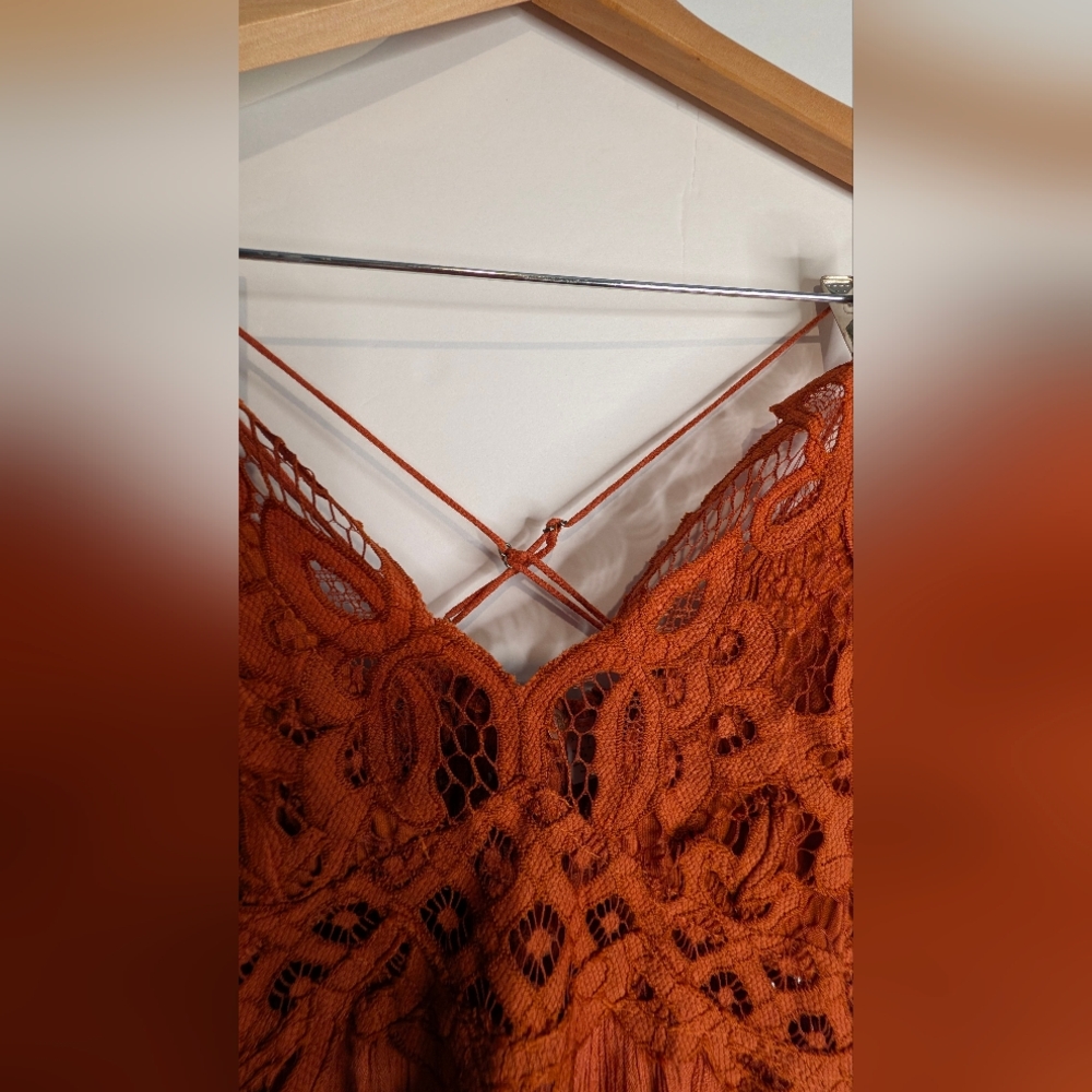 Intimately Free People Adella Ochre Dress. Asymmetrical Hem. Lace Detailing - Picture 11 of 15
